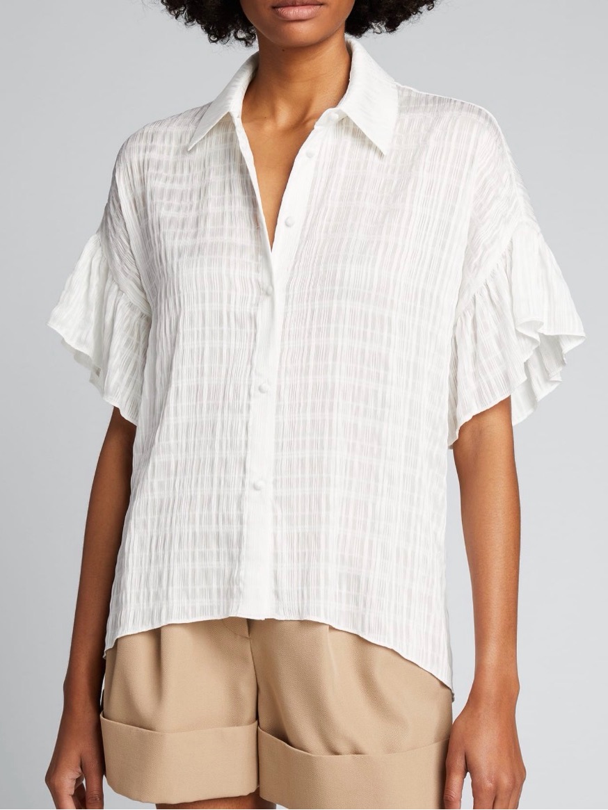 Alice + Olivia Edyth Ruffle-Sleeve Draped Button-Down Tee - White, S